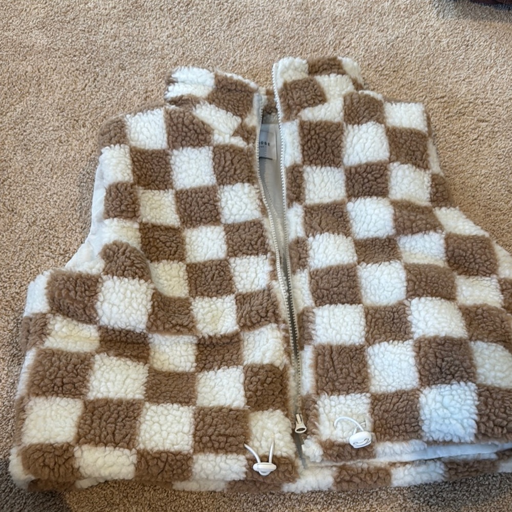 Kids Checkered Sherpa Vest - Brown and White